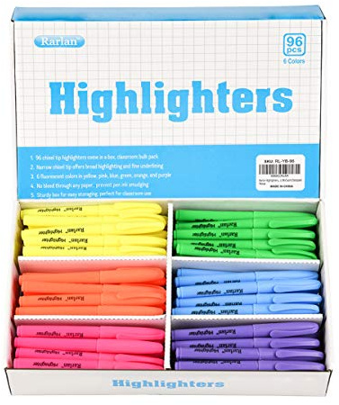 Rarlan Highlighters, Chisel Tip, Assorted Fluorescent, 96 Count Classpack