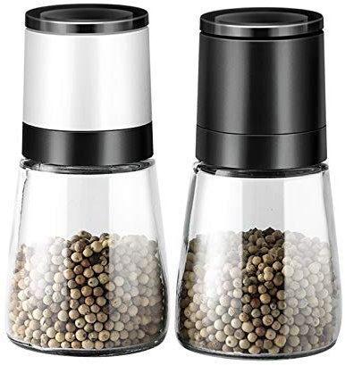 LTLWSH Set de Moulins à Poivre et Sel, Salière et Poivrière Original - Moulin à Épices Manuel - Meule en Céramique Réglable - avec Couvercle,Black White Set