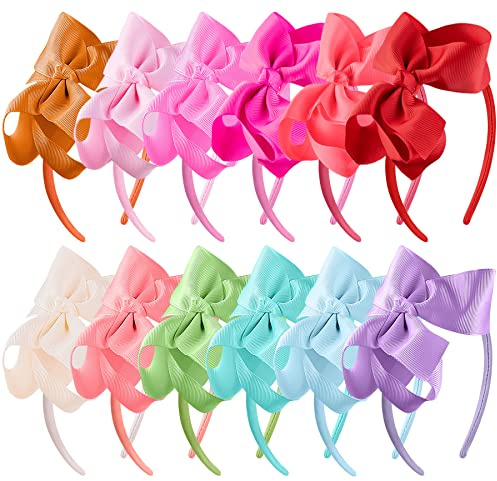 SIQUK 12 Pieces Bow Headbands for Girls Headband with Bow Ribbon Headband Boutique Grosgrain Bows Headbands, 12 Colors