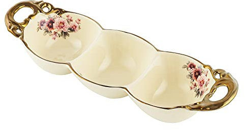 fanquare Ciotola in Porcellana Floreale con Manico Oro, 3 Scomparti, Ciotola da Immersione per Salsa, Spezie, Sushi