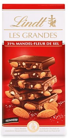 Lindt Schokolade | LES GRANDES Tafel Salz-Mandel | 150g | Feinherbe-Schokolade mit gesalzenen- und karamellisierten Mandel-Stückchen | Schokoladen-Tafel