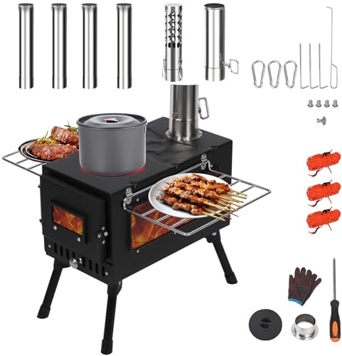 REDCAMP Réchaud à bois pliable pour tente de camping, poêle à bois portable avec cheminée coupe-vent pour camping en plein air, cuisine noire