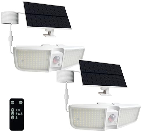 Cozeet Solar Motion Sensor Outdoor Floodlights 6500K with Remote Control, 180 LED Waterproof,Solar Security Outdoor Light with IP65 for Wall Porch Barn Patio Garage, White 2-PCS