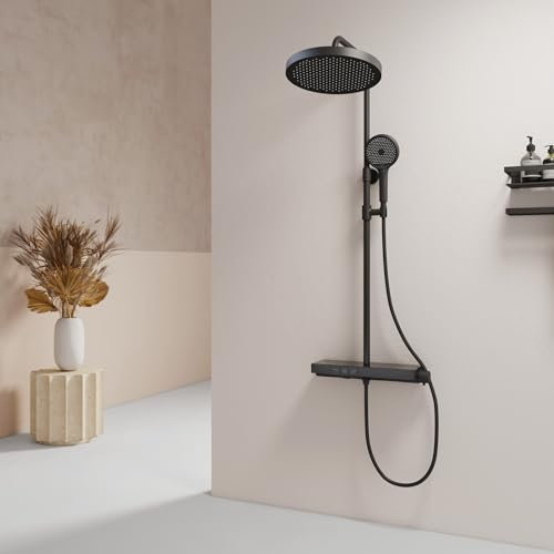 EMKE® Duschsystem mit Thermostat 40 cm Glasablage Duschsystem Regendusche,Übergröße Regendusche + Handbrause 3 Strahlarten + Unterer Auslauf,Einfach Install Duschset,Schwarz Matt