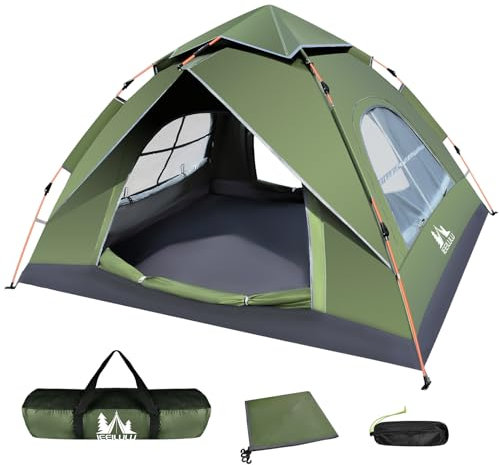 JONRRYIN Camping Zelt, Pop Up Ultraleichtes Zelt 2-4 Personen Automatisches Wurfzelt mit Doppelschicht 2 Türen und 4 Fenster, Kuppelzelte Wasserdicht für Trekking, Camping, Strand (Grün)