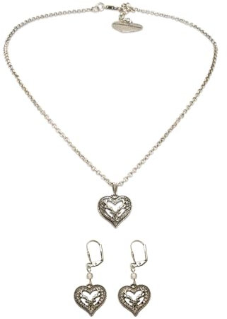 Alpenflüstern Trachtenschmuck-Set Metall-Trachtenkette und Trachten-Ohrhänger Strassherz-Hirsch - Damen Trachten-Schmuck Trachtenset Dirndl-Kette und Trachten-Ohrringe (antik-silber-farben) SET058