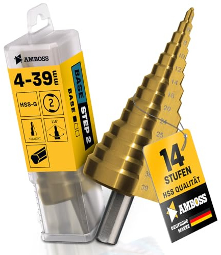 Stegborr Ø 4–39 mm/14 steg konborr/10 mm skaft/professionell metallborr, konisk borr HSS/städ PowerStep 2, hålborr lämplig för stål, aluminium, plast, akrylglas