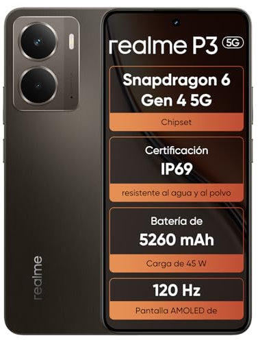 realme P3 5G Smartphone de 8GB + 256 GB, AMOLED 120 Hz para Esports, Snapdragon® 6 Gen 4, Cámara IA de 50 MP, Batería de 5260 mAh, Sistema de Enfriamiento Aeroespacial, IP69, Gris(sin Adaptador)