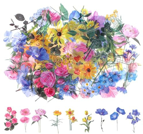 CharmeFleur 120 unidades de pegatinas transparentes para plantas, pegatinas de flores de PET, decals de flores vintage para journaling, pegatinas impresas claras de flores vintage, para crear