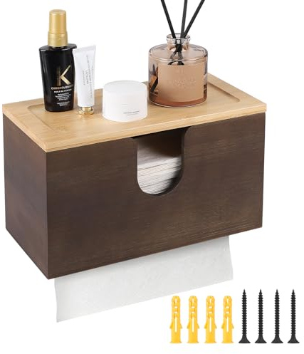 EFUTURETIME Handtuchspender für Papierhandtücher aus Bambus, 27.5x16x13cm, Papierhandtuchhalter Wand für H2 Papierhandtücher, Öffentliche Papierhandtuchspender mit Magnetischem Deckel, Braun
