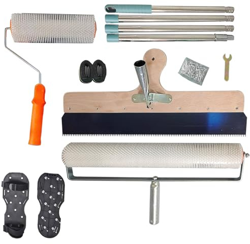 Kit di attrezzi autolivellante, rullo a spillo, massetto in legno da 56 cm, scarpe a spillo, asta di prolunga da 1,6 m per livellare il pavimento liscio, composto autolivellante per pavimenti