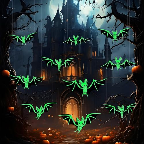 Halloween Deko, 10 Stück Halloween Fledermaus Deko mit 2 Spulen Angelschnur und 12 Klebeetiketten, Outdoor Wasserdichtes PVC Wanddeko Deko für Partydekorationen Fensterdeko