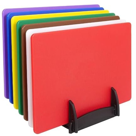 BAKI Professional Plastic Cutting Board Set 7 Pieces Colour Coded 450mm x 300mm with and Without Rack (with Rack)