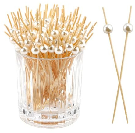 100 pinchos de cóctel para aperitivos para aperitivos, picos de queso, pinchos para cócteles, brochetas de comida con perlas blancas, 12 cm, pinchos de madera para decoración de fiestas, cócteles