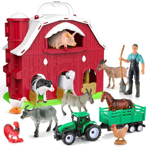 HappyKidsClub Jouet Ferme Montessori pour Bébé 1-4 Ans, Set Grange Dépliable avec 10 Animaux & Fermier & Camion - Jeux Enfant Éducatif Portable - Idée Cadeau Garçon Fille - Jouet Motricité Sensoriel
