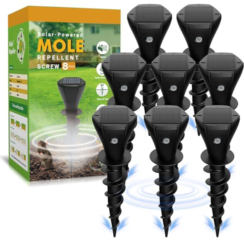 Solar Powered Mole Repellent for Lawns, 8 Packs Ultrasonic Vole Repeller Outdoor, IP 65 Waterproof Outdoor Ultrasonic Mole Deterrent Get Rid of Gopher Vole Skunk Groundhog Snake in Garden Yard Lawn