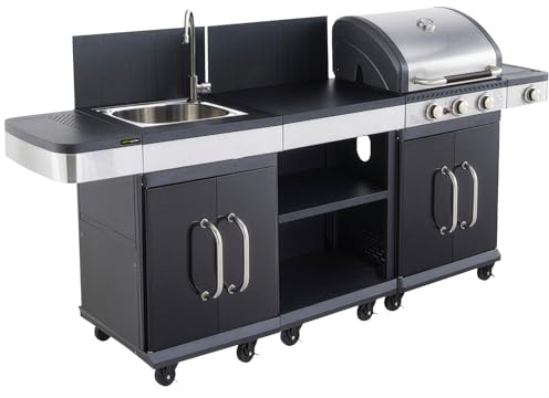 Cuisine extérieure modulable FIDGI 3 avec housse – Barbecue gaz 3 brûleurs avec thermomètre, desserte fonctionnelle et évier intégré