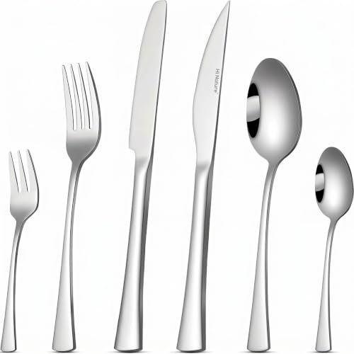 HI NATURE™ Bestick set 6 personer 36 delar med biffkniv – 18/0 rostfritt stål bestickset högglanspolerat – matbestick inkl. kniv, gaffel, sked och kakgaffel – diskmaskinstålig silver