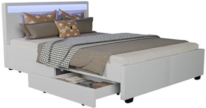 Juskys Polsterbett Lyon 140x200 cm mit Bettkasten, LED Beleuchtung, Lattenrost & Kunstleder, weiß, Bett Bettgestell Einzelbett Jugendbett