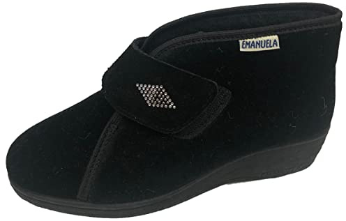 EMANUELA 536 Nero Velluto Pantofole Donna Made in Italy Lavabili in Lavatrice A 30 Gradi Strappo Fodera Lana Zeppa 3,5 CM Nero 37