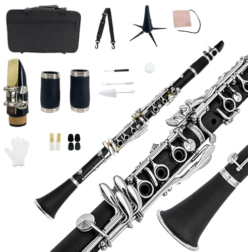 Yinfente Professional Ebonite Clarinete B flat Clarinet for Beginner Students with 2 Barrels Hard Case Cleaning Kit Mouthpice Cork Grease Gloves