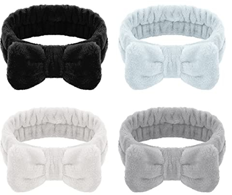 Heyu-Lotus 4 Stück Spa Bowknot Haarbänder, Coral Fleece Makeup Bow Stirnband Elastic Cosmetic Stirnband zum Waschen der Gesichtsdusche Yoga Sport Hautpflege (Schwarz, Weiß, Grau, Blau)