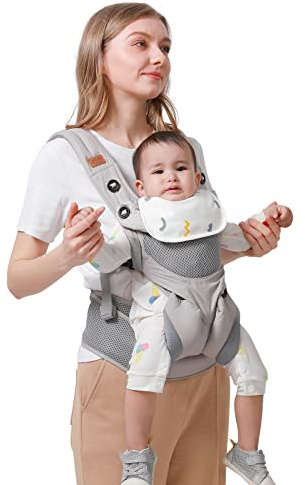 Sonarin 3-i-1 ventilerande bärväska, multifunktionell, lätt bärväska, ergonomisk bärsele för nyfödda från födseln 3–48 månader, magstöd ryggstöd (grå)