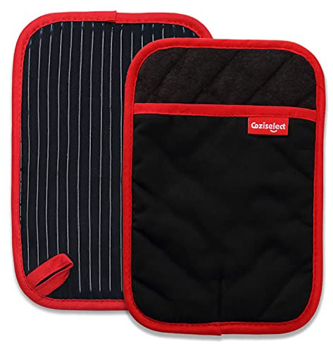 Coziselect Topflappen Sets, Hitzebeständige Topflappen mit Rutschfesten Taschen für Küche, Grill, Strapazierfähige, Reine Baumwolle und Frottee Futter, Schwarz