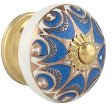 Rasiya Art Lot de 4 boutons de tiroir en céramique bleu marine et doré – Style indien vintage et peint à la main – Pour commode, armoire, meubles, portes de style bohème