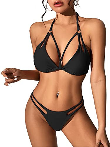 PONCEAU Damen Bikini Set Sexy String Tanga Bikini Neckholder Triangle Zweiteiliger Badeanzug Kreuz vorne High Waist Bademode Bikinioberteil Strandmode