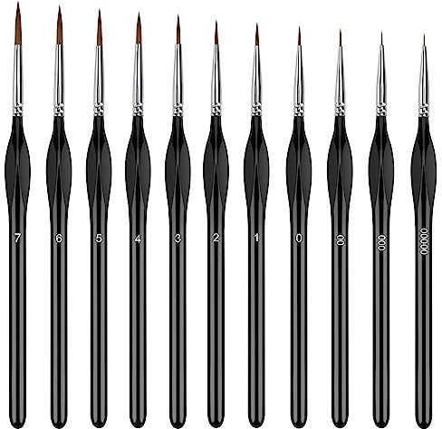 Pinsel Set, Feine Pinsel, Pinselset Acrylfarben, 11 Stück Aquarellpinsel, Acryl Pinsel Modellbau Malpinsel für Acrylfarben Wasserfarben Miniaturen und Nagel (Glänzendes Schwarz)
