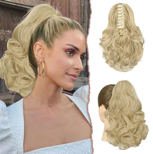 Sofeiyan Artiglio Clip in Coda di Cavallo Estensioni per Capelli 28cm Ricci Ondulati Estensioni Coda di Cavallo Sintetico Posticci per Capelli per Donne, Biondo Chiaro Misto a Biondo Candido