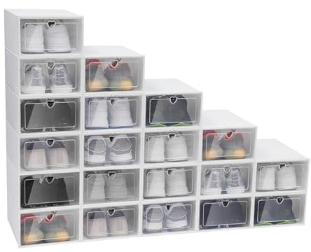 Balider 20er Set Schuhboxen Stapelbar Transparent bis Größe 52, Schuhorganizer mit Deckel, PP ABS Schuhaufbewahrung Schuhkarton, Schuhkarton Größe: 33x23x14cm