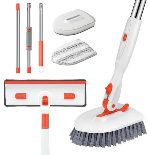 SetSail Brosse à récurer 4 en 1 pour carrelage, Baignoire, Sol avec Long Manche réglable, livrée avec Brosse de Nettoyage de fenêtre pour Nettoyer la Salle de Bain, la Cuisine, Les Murs, la Baignoire