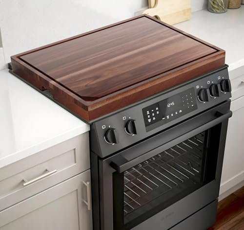 30×22 Acacia Noodle Board Stove Cover with Wavy Handles, Wooden Stove top Cutting Board with Juice Grooves for Gas Burners and Electric Stove, Sink Cover for Counter Space