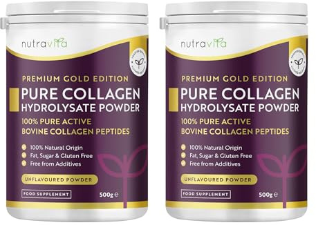 Nutravita Polvere di Collagene 1000g - Peptidi di Collagene Idrolizzato Tipo 1-100 Porzioni, confezione da 2 - Integratore di Colageno Bovino con 8 Aminoacidi - Non Aromatizzato - Collagene da Bere