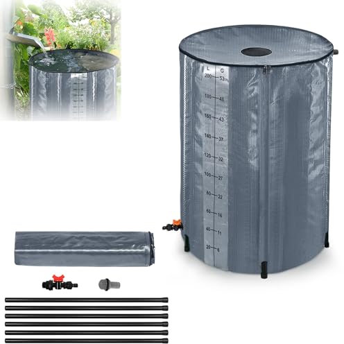 MAYTIIMO Faltbare Regentonne 200 Liter mit Skala, Regenwassertonne mit Wassereinlassgitter Abflussventil Regenwassertank PVC zum Sammeln von Regenwasser Gartenbewässerung, Anthrazit