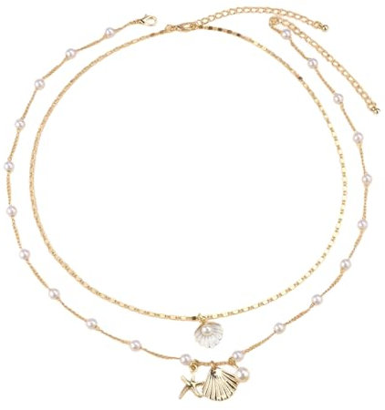 Shell Necklace Chain Bohemian Puka Starfish Imitation Pearl Layered Necklaces Set Ocean Style Alloy Metal Beach Necklace Woman Summer Holiday Surfer Seashell Necklaces Jewelry Long Chain (White)