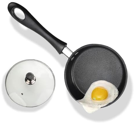 12cm Petite Poêle Induction, Mini Poêle Oeuf au Plat Anti-Adhésive avec Couvercle en Verre Portable Poele Pancake pour Camping Compatible Gaz et Induction, Manche Résistant à La Chaleur