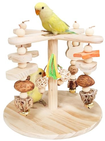 Honicemar Vogel Spielständer – Holz Rotierendes Sitzstangen Papageienständer, Vogel Spielplatz mit Papageien Hängespielzeug Kauspielzeug Übungsspiel Gym Ständer für Kleine bis Mittelgroße Vögel