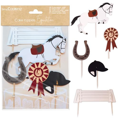 ScrapCooking - Cake Toppers Equitazione - Decorazione torta e cupcake in carta - Cavallo, ferro di cavallo, ostacolo - Decorazione compleanno - 4947