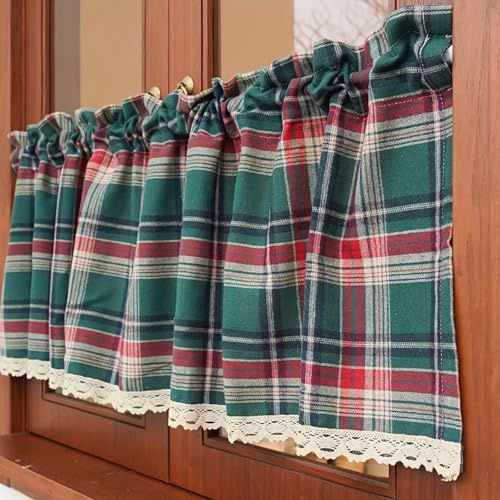 Cantonnière à passe-tringle pour décoration d'intérieur – Rideaux courts de style bohème – Traitement de fenêtre bordé de dentelle tartan vert rouge pour cuisine, salle de bain, salon (vert, 132,1 x