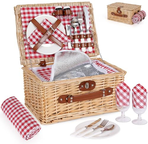 HEALSTOK Cesta de picnic para 2 personas – Cesta de mimbre vintage aislada con alfombrilla impermeable y juego de cubiertos para parejas, camping, cumpleaños o San Valentín (rejilla roja)