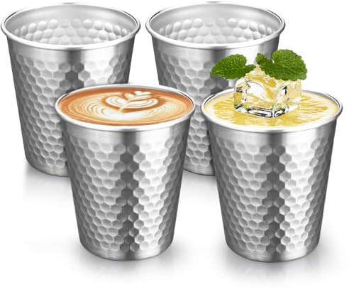 LEKEFETO 4 stycken rostfria muggar 300 ml: Stapelbara metallmuggar utan handtag, isolerar hammarmönster campingkoppar, okrossbara utomhusdryckeskoppar, stapelbara dryckesbägare, för öl, juice, vatten