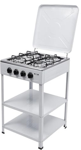 RUETERY Piano cottura a gas, fornello a gas naturale autoportante con 4 fiamme e 4 coperchi antipolvere, accensione manuale, per famiglie o esterni (bianco)