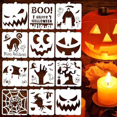 12 Pieces Halloween Stencils, Reusable Happy Halloween Ghost Bat Witch Pumpkin Templates for Painting on Wood DIY Crafts Halloween Decorations