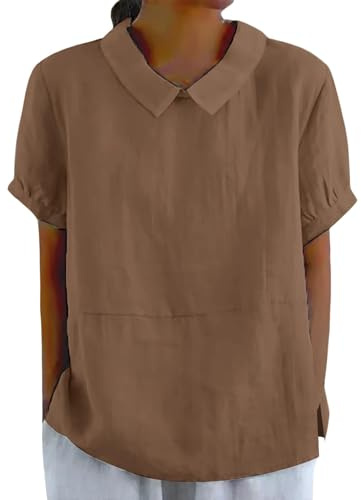 Chemise boutonnée en lin pour femme, col claudine, vêtements mignons, chemisier d'été décontracté à manches courtes avec poche, Ourlet fendu - Marron, M