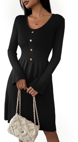 Zeagoo Robe en tricot pour femme - Manches longues - Col en V - Robe pull élégante - Robe d'hiver unie - Robe midi avec manches trompette