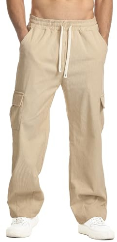 Suwangi Hombre Pantalones De Pana Pantalones de Cargo Straight de Pana Informales Elástica Cordón Cintura con Bolsillos
