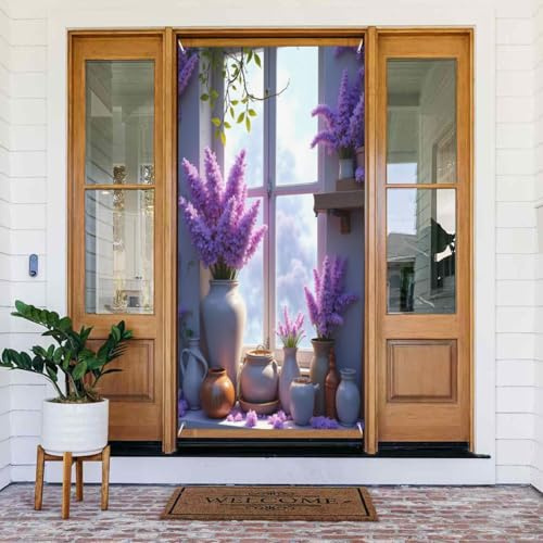 Decoraciones para puertas – Impresión floral lila n.º 396 Otoño Invierno Puerta Banners para parte delantera, cartel de primavera y verano, telón de fondo colgante para exteriores e interiores